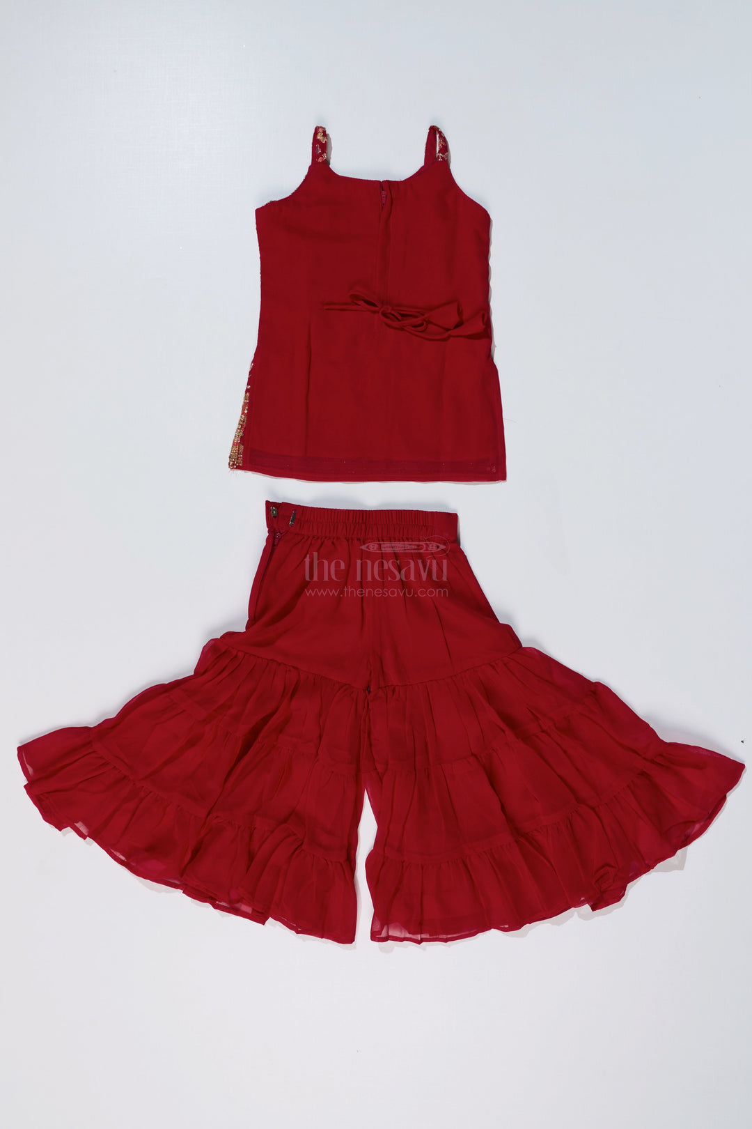 The Nesavu Girls Sharara / Plazo Set Girls Red Plazo Set with Embroidered Top and Flowy Georgette Bottoms for Festive Wear Nesavu Nesavu Girls Red Plazo Set Embroidered Top Layered Palazzo Pants Festive Wear
