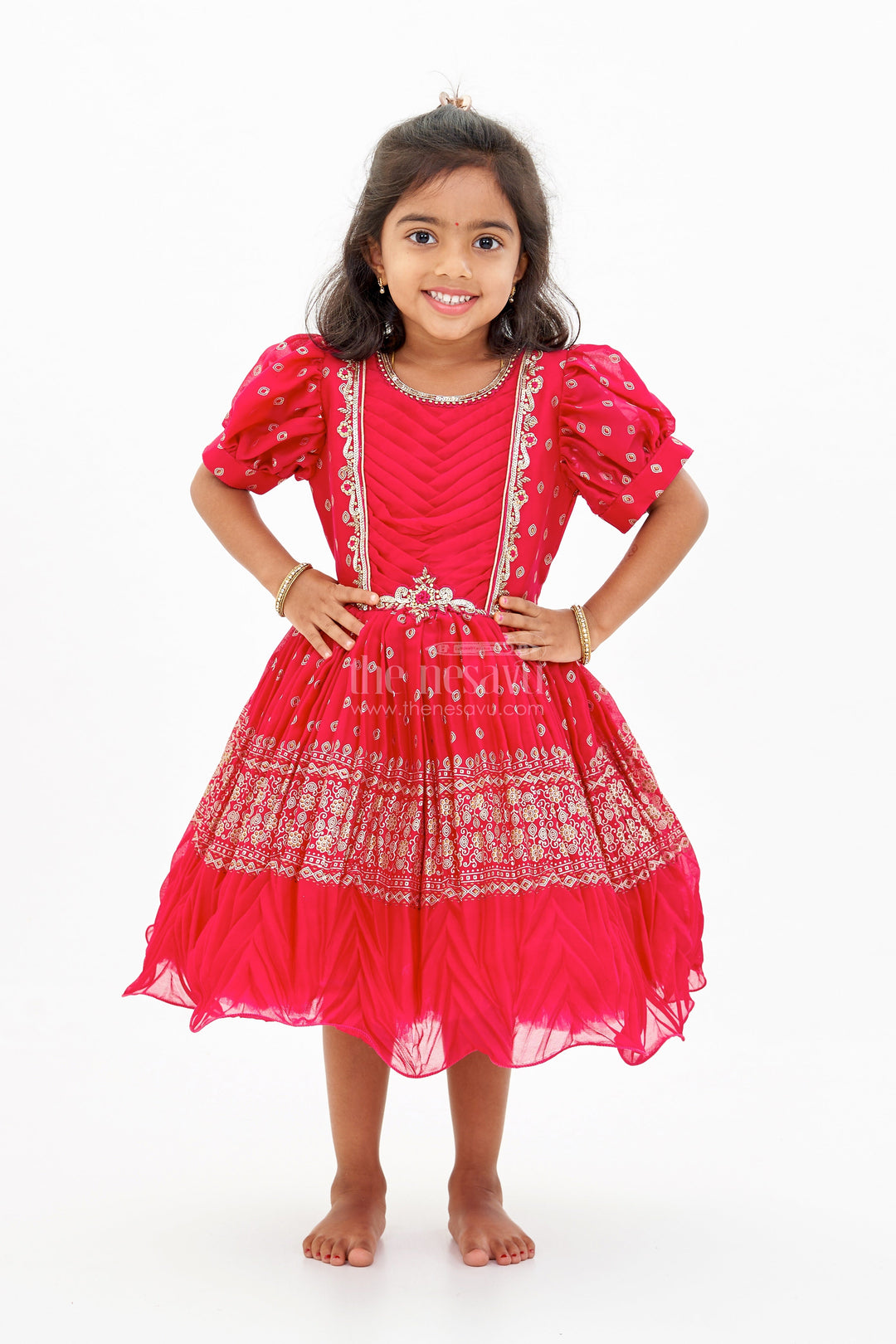 The Nesavu Silk Party Frock Girls Red Raw Silk Frock with Gold Zari Embroidery and Flared Silhouette for Special Occasions Nesavu 18 (2Y) / Red SF971B-18 Nesavu Girls Red Raw Silk Frock Gold Zari Embroidery Flared Silhouette