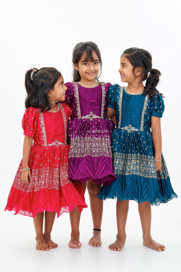 The Nesavu Silk Party Frock Girls Red Raw Silk Frock with Gold Zari Embroidery and Flared Silhouette for Special Occasions Nesavu Nesavu Girls Red Raw Silk Frock Gold Zari Embroidery Flared Silhouette