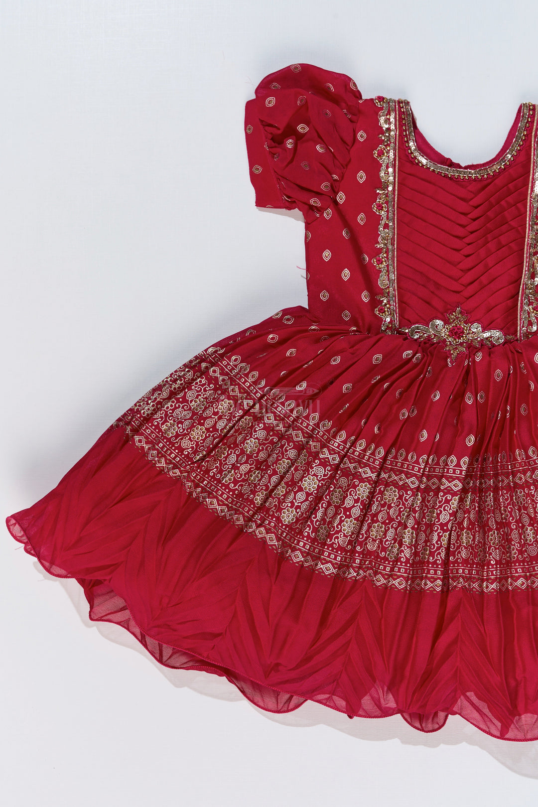 The Nesavu Silk Party Frock Girls Red Raw Silk Frock with Gold Zari Embroidery and Flared Silhouette for Special Occasions Nesavu Nesavu Girls Red Raw Silk Frock Gold Zari Embroidery Flared Silhouette