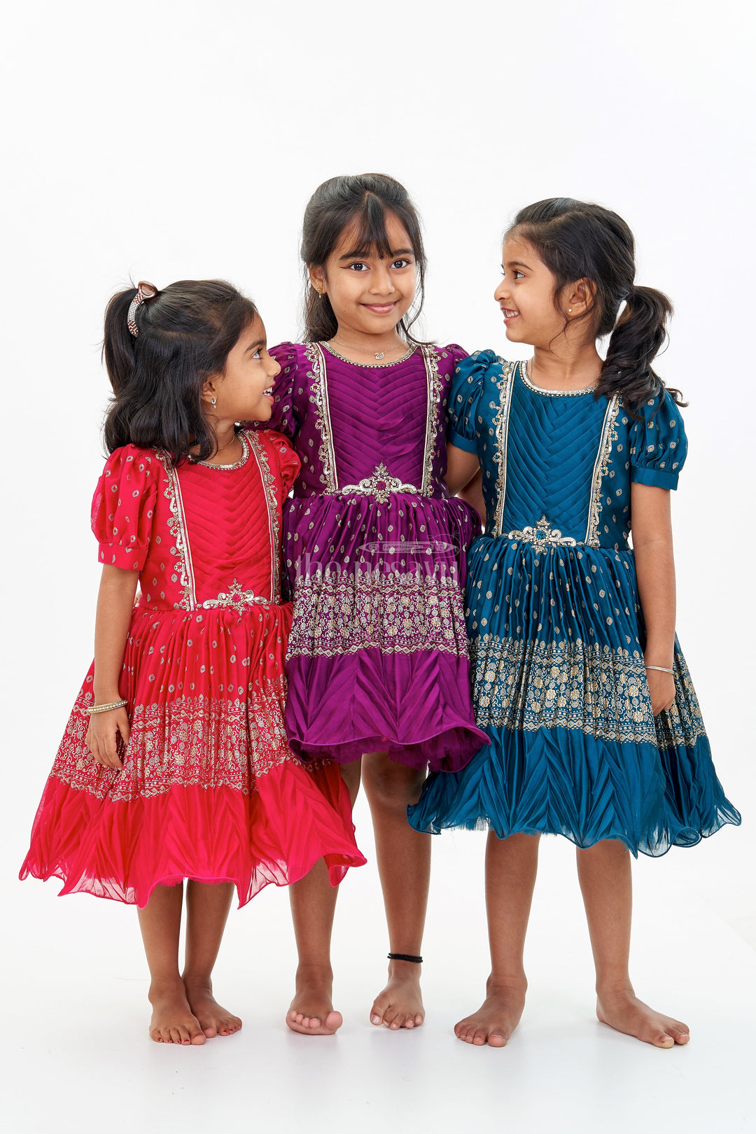 The Nesavu Silk Party Frock Girls Red Raw Silk Frock with Gold Zari Embroidery and Flared Silhouette for Special Occasions Nesavu Nesavu Girls Red Raw Silk Frock Gold Zari Embroidery Flared Silhouette