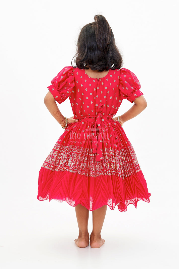 The Nesavu Silk Party Frock Girls Red Raw Silk Frock with Gold Zari Embroidery and Flared Silhouette for Special Occasions Nesavu Nesavu Girls Red Raw Silk Frock Gold Zari Embroidery Flared Silhouette