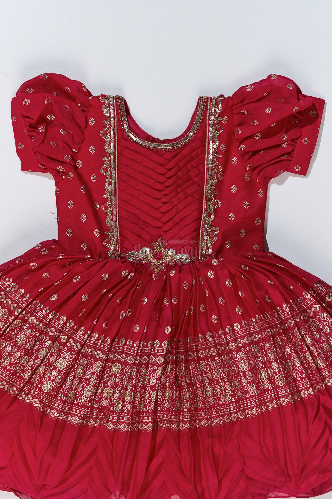 The Nesavu Silk Party Frock Girls Red Raw Silk Frock with Gold Zari Embroidery and Flared Silhouette for Special Occasions Nesavu Nesavu Girls Red Raw Silk Frock Gold Zari Embroidery Flared Silhouette