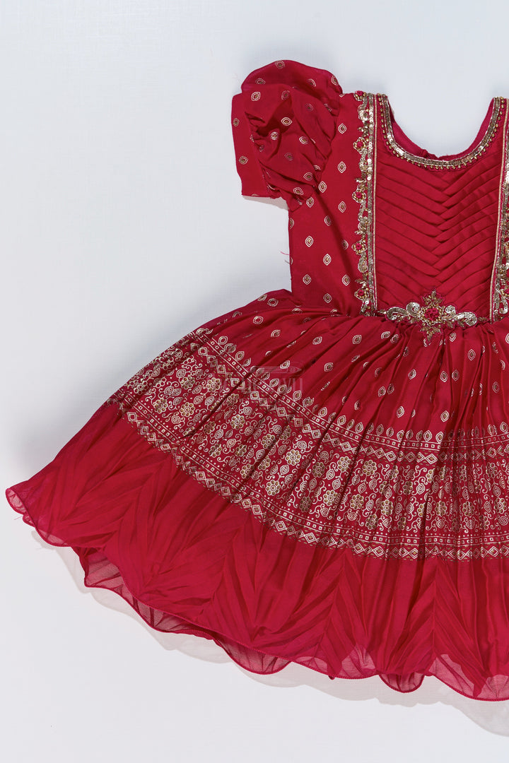 The Nesavu Silk Party Frock Girls Red Raw Silk Frock with Gold Zari Embroidery and Flared Silhouette for Special Occasions Nesavu Nesavu Girls Red Raw Silk Frock Gold Zari Embroidery Flared Silhouette