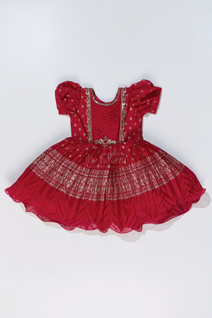The Nesavu Silk Party Frock Girls Red Raw Silk Frock with Gold Zari Embroidery and Flared Silhouette for Special Occasions Nesavu Nesavu Girls Red Raw Silk Frock Gold Zari Embroidery Flared Silhouette