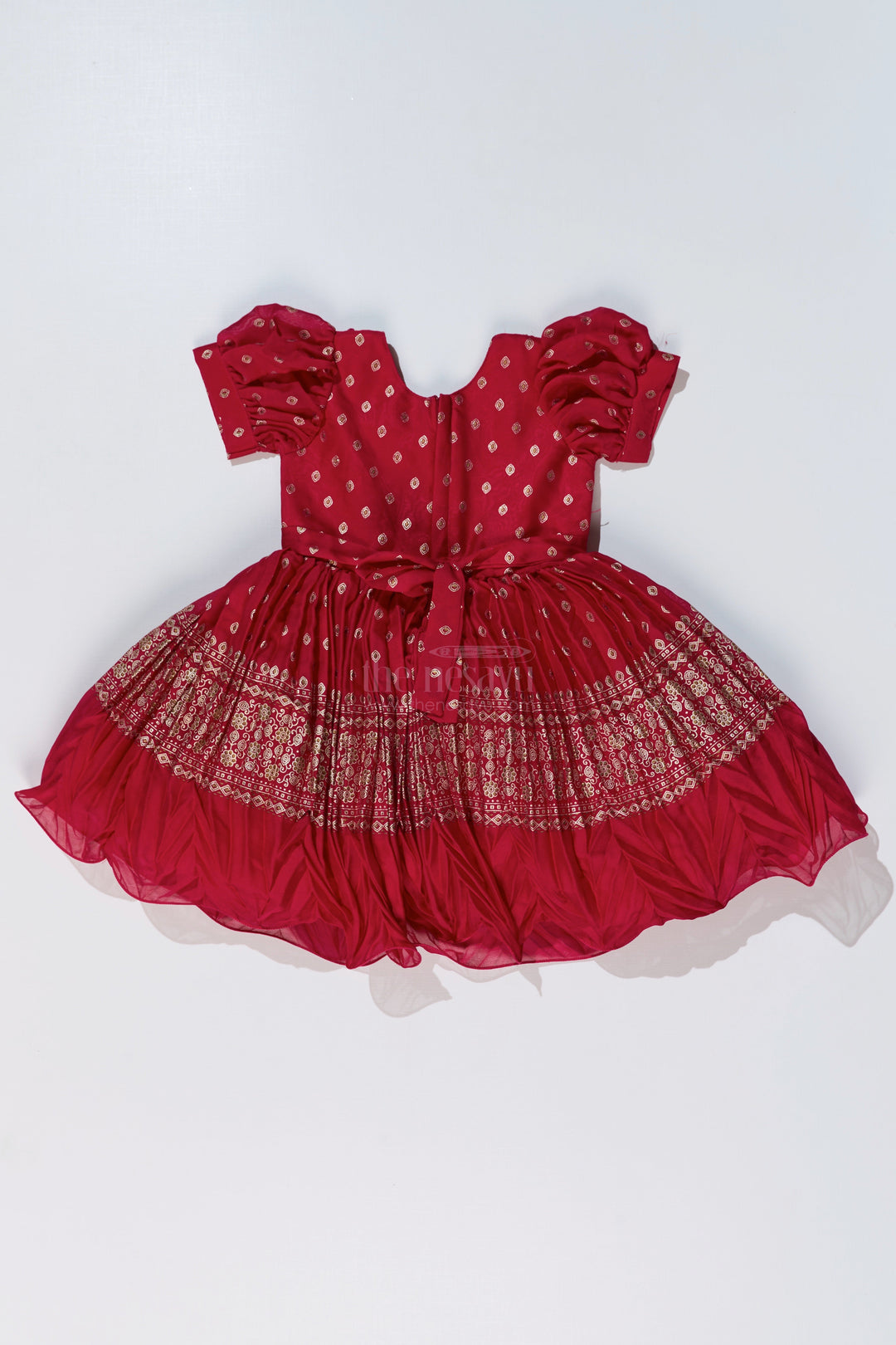 The Nesavu Silk Party Frock Girls Red Raw Silk Frock with Gold Zari Embroidery and Flared Silhouette for Special Occasions Nesavu Nesavu Girls Red Raw Silk Frock Gold Zari Embroidery Flared Silhouette