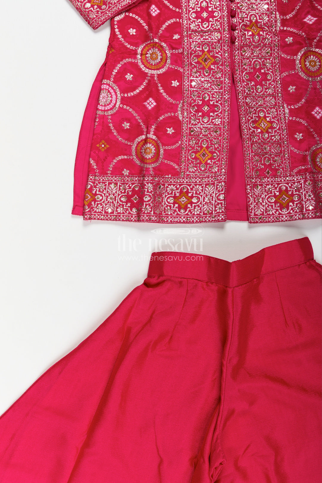The Nesavu Girls Sharara / Plazo Set Girls Red Sharara Set with Embroidered Yoke for Weddings and Festive Wear Nesavu Nesavu girls red sharara set embroidered kurti plazo pants festive occasions