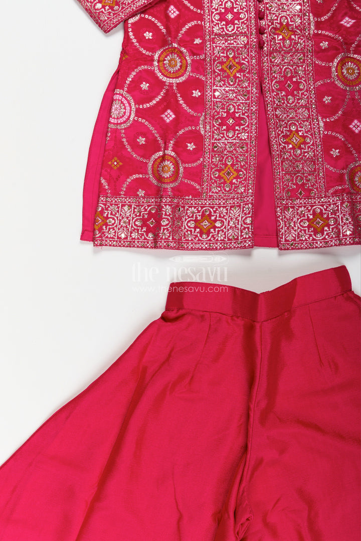 The Nesavu Girls Sharara / Plazo Set Girls Red Sharara Set with Embroidered Yoke for Weddings and Festive Wear Nesavu Nesavu girls red sharara set embroidered kurti plazo pants festive occasions