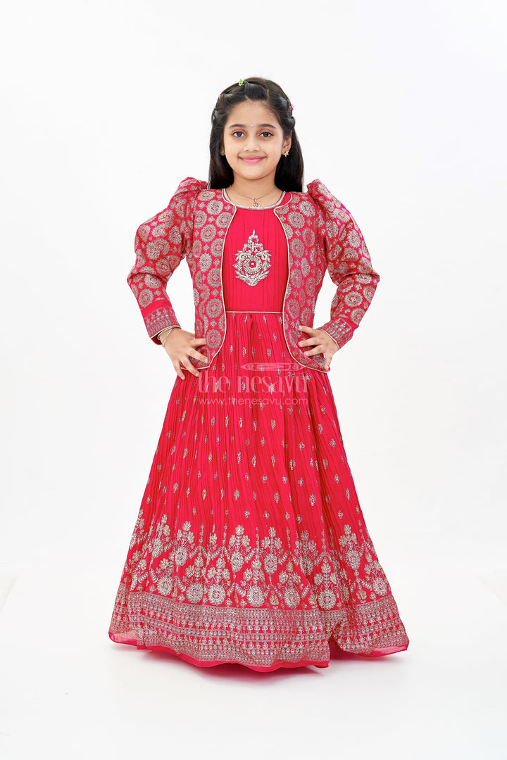 The Nesavu Girls Silk Gown Girls Red Silk Dressing Gown with Embroidered Jacket and Flowy Pleated Skirt for a Regal Look Nesavu 24 (5Y) / Red GA297A-24 Girls Red Silk Dressing Gown Embroidered Jacket Pleated Skirt | The Nesavu