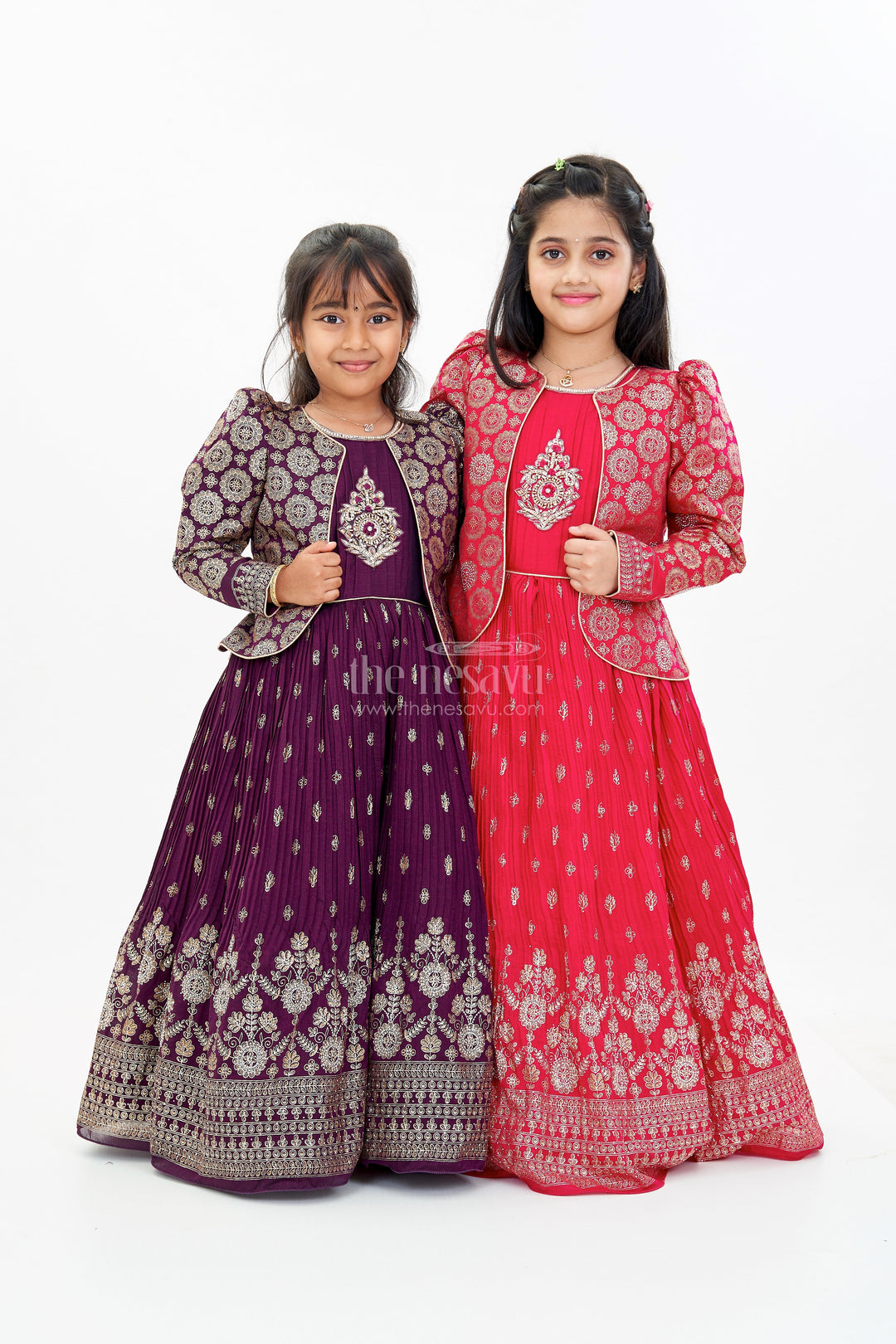 The Nesavu Girls Silk Gown Girls Red Silk Dressing Gown with Embroidered Jacket and Flowy Pleated Skirt for a Regal Look Nesavu Nesavu Girls Red Silk Dressing Gown Embroidered Jacket Pleated Skirt