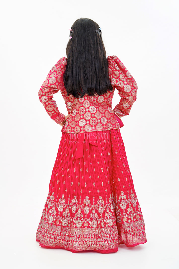 The Nesavu Girls Silk Gown Girls Red Silk Dressing Gown with Embroidered Jacket and Flowy Pleated Skirt for a Regal Look Nesavu Nesavu Girls Red Silk Dressing Gown Embroidered Jacket Pleated Skirt