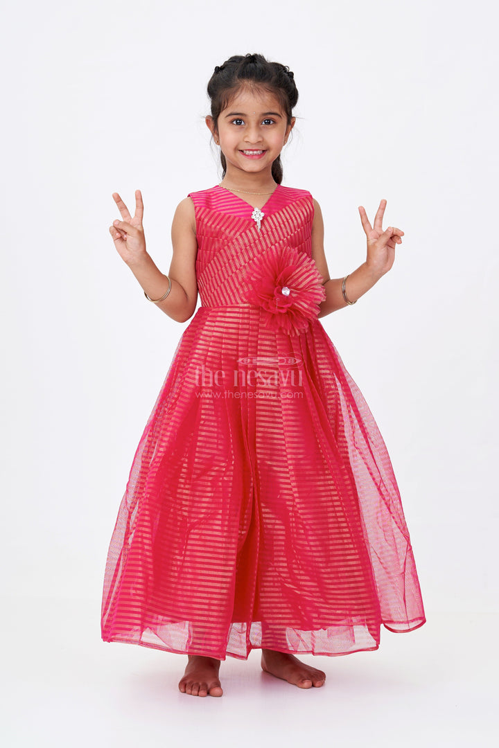 The Nesavu Girls Silk Gown Girls Red Silk Gown in Soft Net with Stripe Design and Oversized Floral Waist Embellishment Nesavu 20 (3Y) / Pink GA302C-20 Nesavu Girls Red Silk Gown Soft Net Gold Stripes Waist Flower Detail