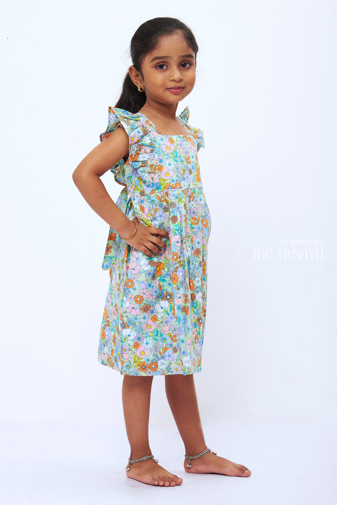 The Nesavu Girls Cotton Frock Girls Retro Blooms Cotton Frock  EcoFriendly Floral Print Dress Nesavu Sustainable Girls Floral Cotton Dress | Vibrant Eco Friendly Fashion | The Nesavu