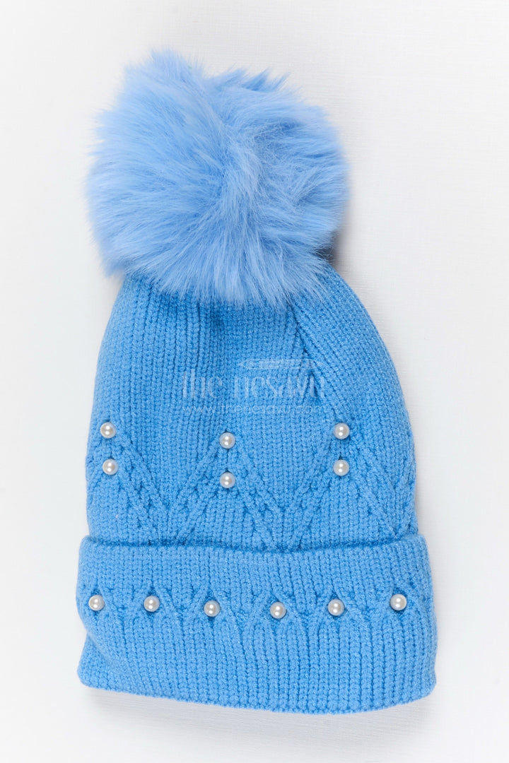 The Nesavu Baby Accessories Girls Rib Knit Beanie Cap with Stylish Pom Pom Nesavu Blue / Rib Knit IA003F-8 Nesavu Girls Blue Rib Knit Beanie Cap With Pom Pom | New Born To 6 months
