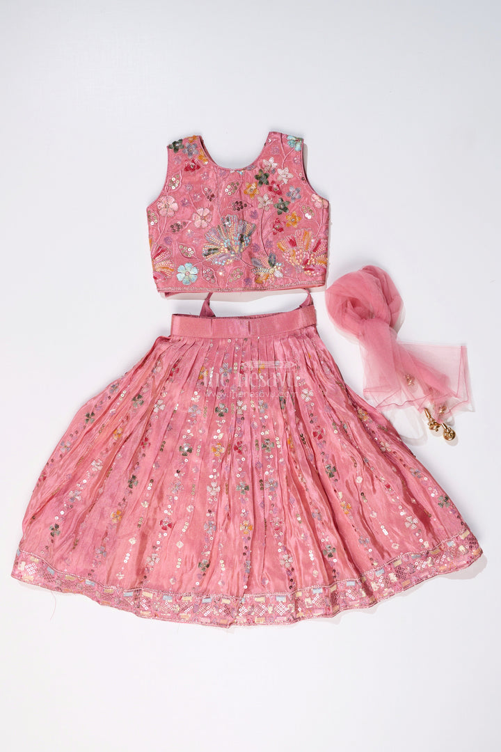 The Nesavu Girls Lehenga Choli Girls Rose Pink Lehenga with Heavy Embroidery and Mirror Work for Festive Occasions Nesavu 16 (1Y) / Pink GL508B-16 Nesavu Girls Embroidered Rose Pink Lehenga Mirror Work Designer Dupatta