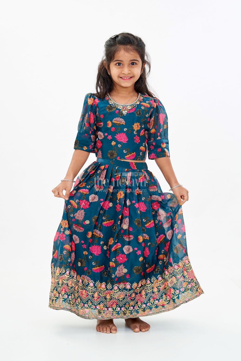 The Nesavu Girls Lehenga Choli Girls Royal Blue Lehenga Choli with Floral Embroidery and Puff Sleeve Blouse Nesavu 16 (1Y) / Green GL577A-16 Nesavu Girls Embroidered Royal Blue Lehenga Choli Floral Puff Sleeve Blouse
