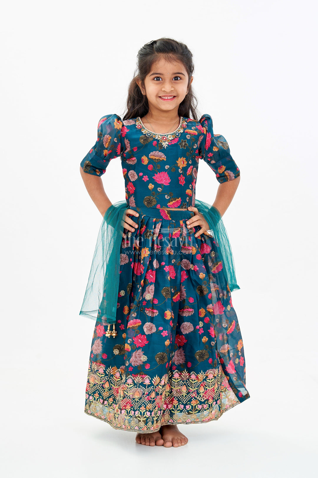The Nesavu Girls Lehenga Choli Girls Royal Blue Lehenga Choli with Floral Embroidery and Puff Sleeve Blouse Nesavu Nesavu Girls Embroidered Royal Blue Lehenga Choli Floral Puff Sleeve Blouse