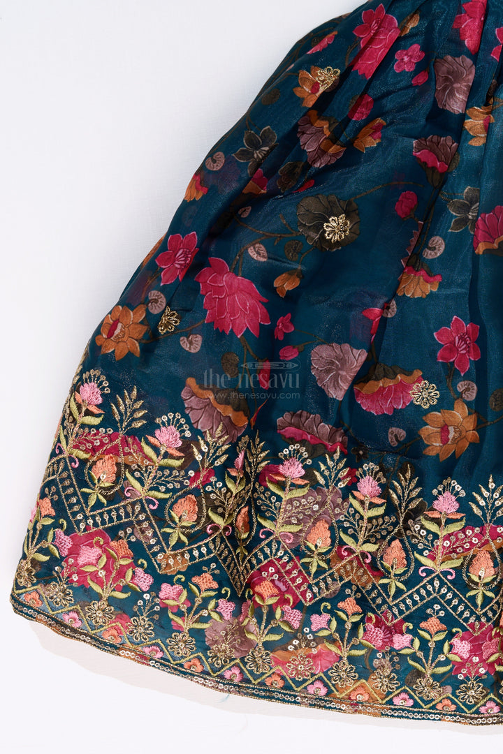 The Nesavu Girls Lehenga Choli Girls Royal Blue Lehenga Choli with Floral Embroidery and Puff Sleeve Blouse Nesavu Nesavu Girls Embroidered Royal Blue Lehenga Choli Floral Puff Sleeve Blouse
