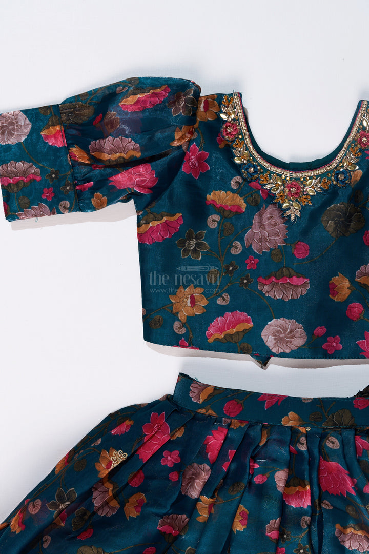 The Nesavu Girls Lehenga Choli Girls Royal Blue Lehenga Choli with Floral Embroidery and Puff Sleeve Blouse Nesavu Nesavu Girls Embroidered Royal Blue Lehenga Choli Floral Puff Sleeve Blouse