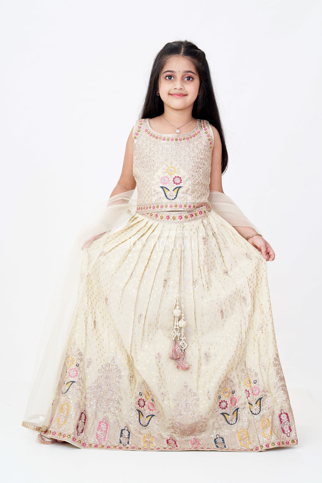 The Nesavu Girls Lehenga Choli Girls Royal Lehenga with Intricate Embroidery and Mirror Work Choli in Gold Nesavu 24 (5Y) / Cream GL602A-24 Nesavu Girls Royal Lehenga Intricate Embroidery Mirror Work Choli Gold
