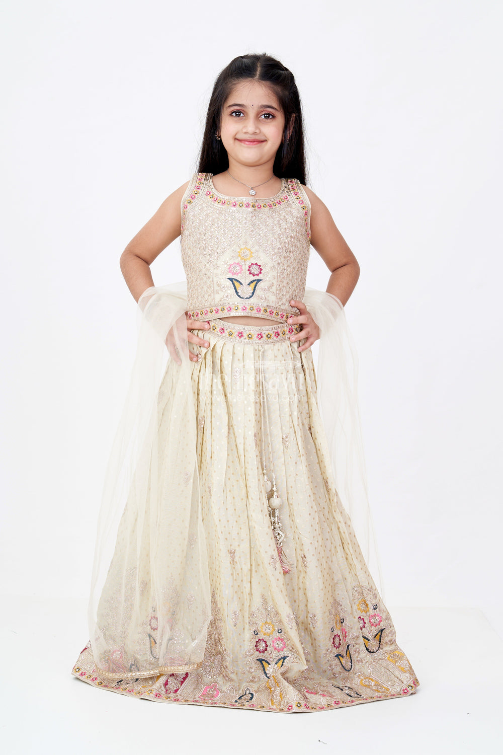The Nesavu Girls Lehenga Choli Girls Royal Lehenga with Intricate Embroidery and Mirror Work Choli in Gold Nesavu Nesavu Girls Royal Lehenga Intricate Embroidery Mirror Work Choli Gold