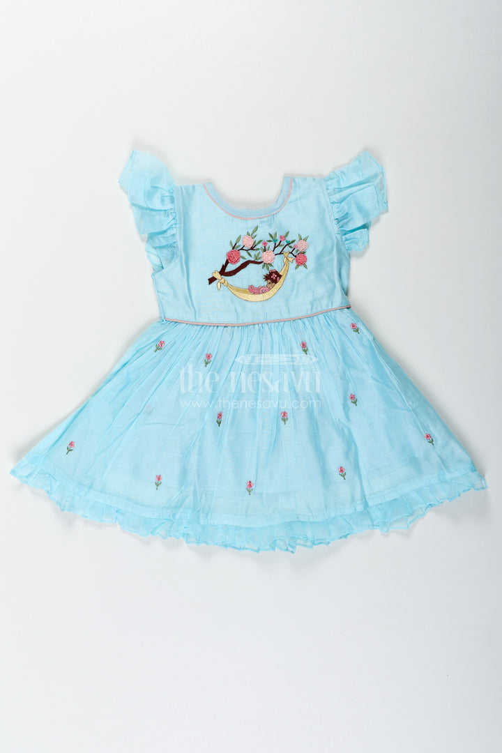 The Nesavu Girls Chanderi Frock Girls Ruffle Sleeves Long Frock in Chanderi with Thread Embroidery and Floral Motifs for Everyday Elegance Nesavu 16 (1Y) / Blue GFC1667A-16 Nesavu Girls Ruffle Sleeves Long Frock Chanderi Embroidered Floral Yoke Flared Hem