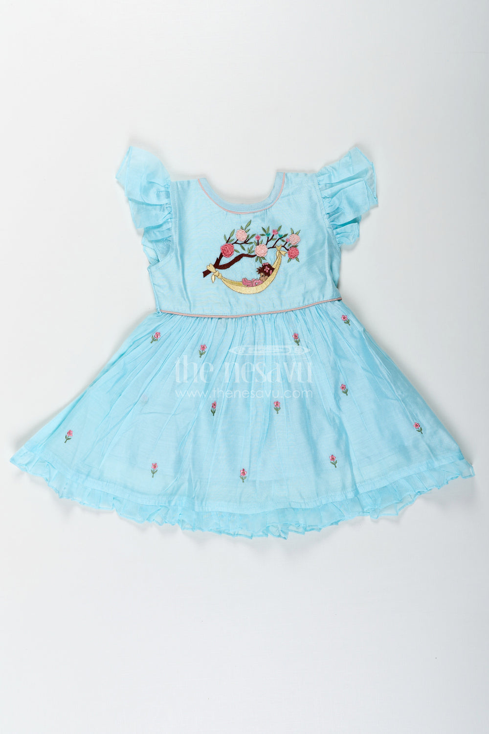 The Nesavu Girls Chanderi Frock Girls Ruffle Sleeves Long Frock in Chanderi with Thread Embroidery and Floral Motifs for Everyday Elegance Nesavu 16 (1Y) / Blue GFC1667A-16 Nesavu Girls Ruffle Sleeves Long Frock Chanderi Embroidered Floral Yoke Flared Hem