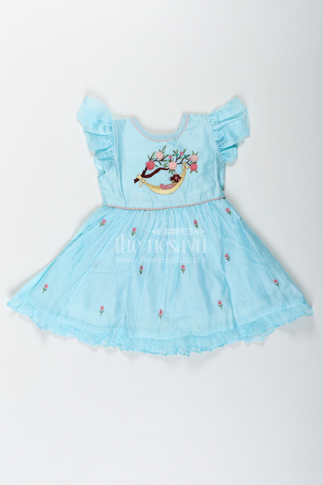 The Nesavu Girls Chanderi Frock Girls Ruffle Sleeves Long Frock in Chanderi with Thread Embroidery and Floral Motifs for Everyday Elegance Nesavu 16 (1Y) / Blue GFC1667A-16 Nesavu Girls Ruffle Sleeves Long Frock Chanderi Embroidered Floral Yoke Flared Hem