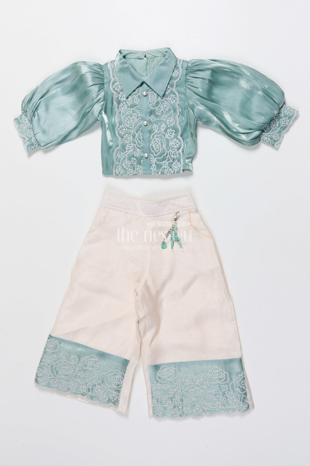 The Nesavu Girls Co-Ord Sets Girls Satin Co-Ord Set with Embroidery for Festive Parties Nesavu 18 (2Y) / Green GPS722A-18 Nesavu girls satin co-ord set embroidery festive wear birthdays ethnic celebrations
