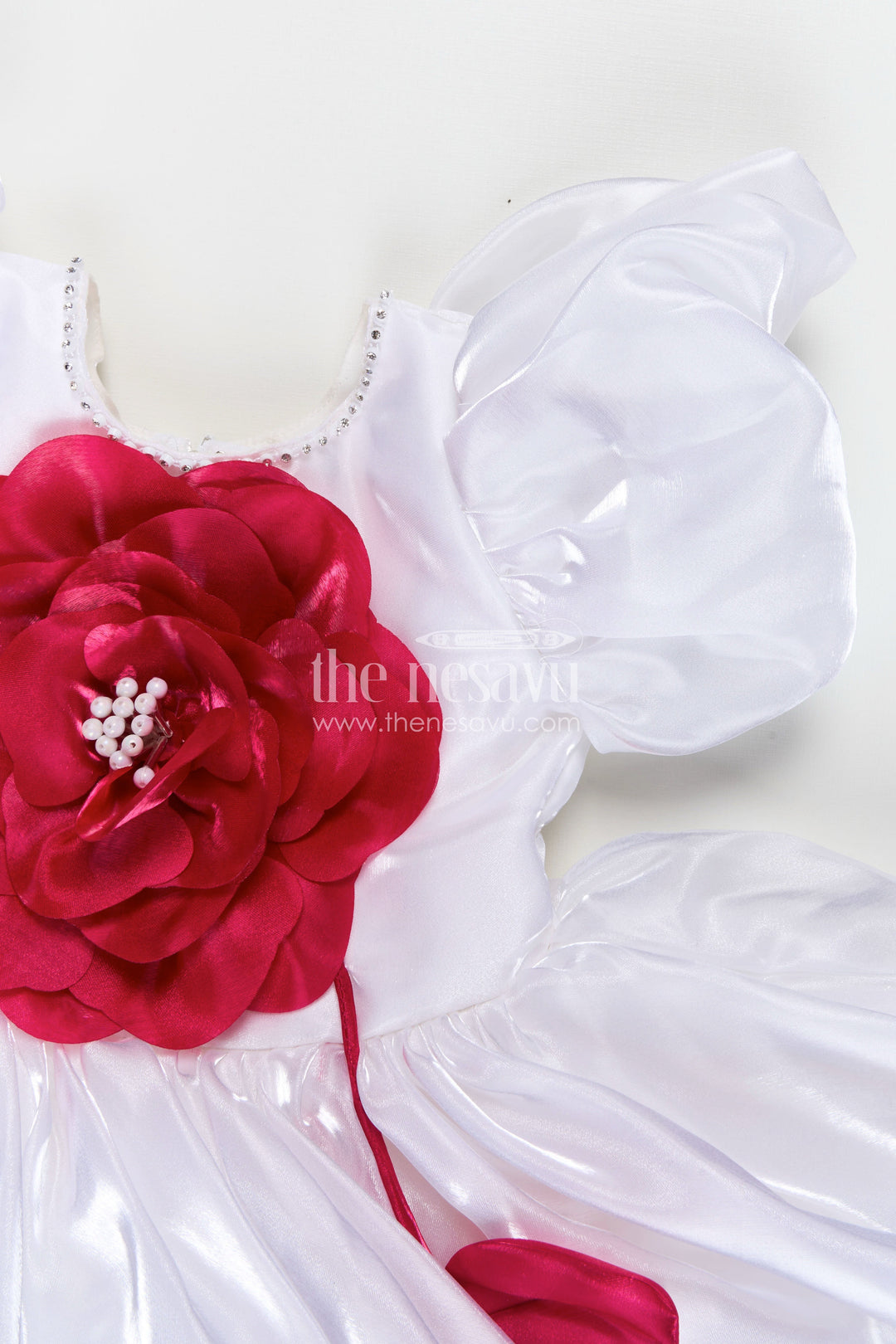 The Nesavu Girls Fancy Party Frock Girls Satin new simple frock design with Puffy Sleeves and Oversized Floral Embellishment Nesavu Nesavu Girls White Satin Party Frock Puffy Sleeves Pink Flower new simple frock design