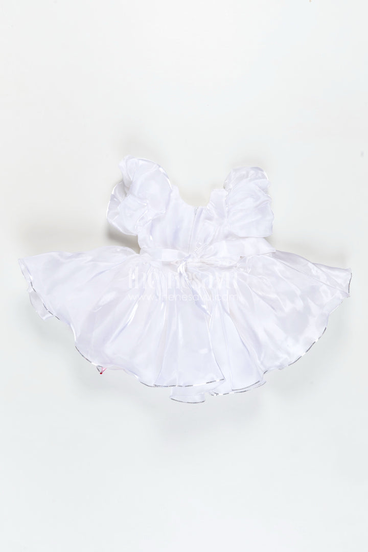 The Nesavu Girls Fancy Party Frock Girls Satin new simple frock design with Puffy Sleeves and Oversized Floral Embellishment Nesavu Nesavu Girls White Satin Party Frock Puffy Sleeves Pink Flower new simple frock design