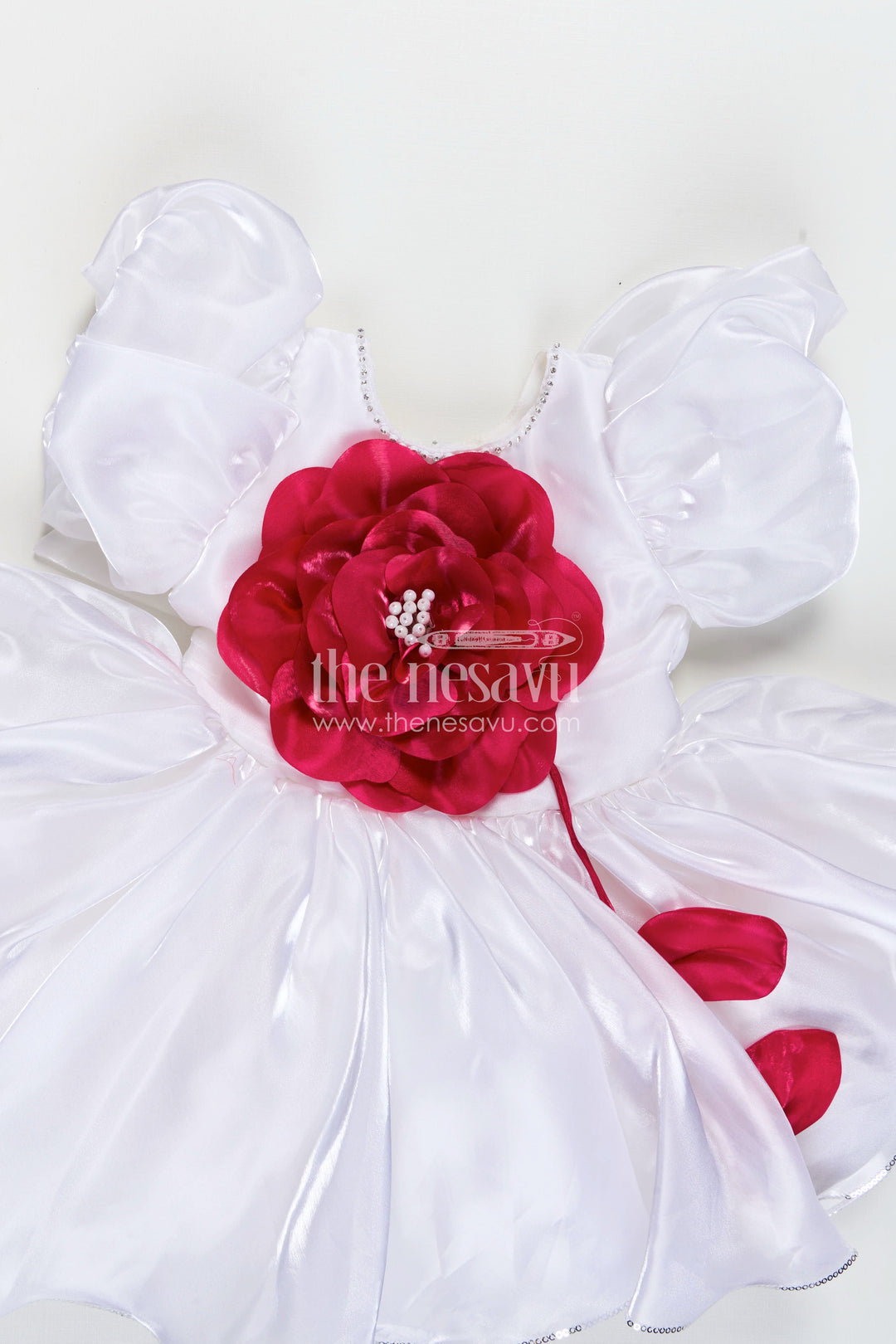 The Nesavu Girls Fancy Party Frock Girls Satin new simple frock design with Puffy Sleeves and Oversized Floral Embellishment Nesavu Nesavu Girls White Satin Party Frock Puffy Sleeves Pink Flower new simple frock design