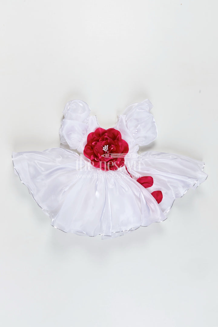 The Nesavu Girls Fancy Party Frock Girls Satin new simple frock design with Puffy Sleeves and Oversized Floral Embellishment Nesavu Nesavu Girls White Satin Party Frock Puffy Sleeves Pink Flower new simple frock design