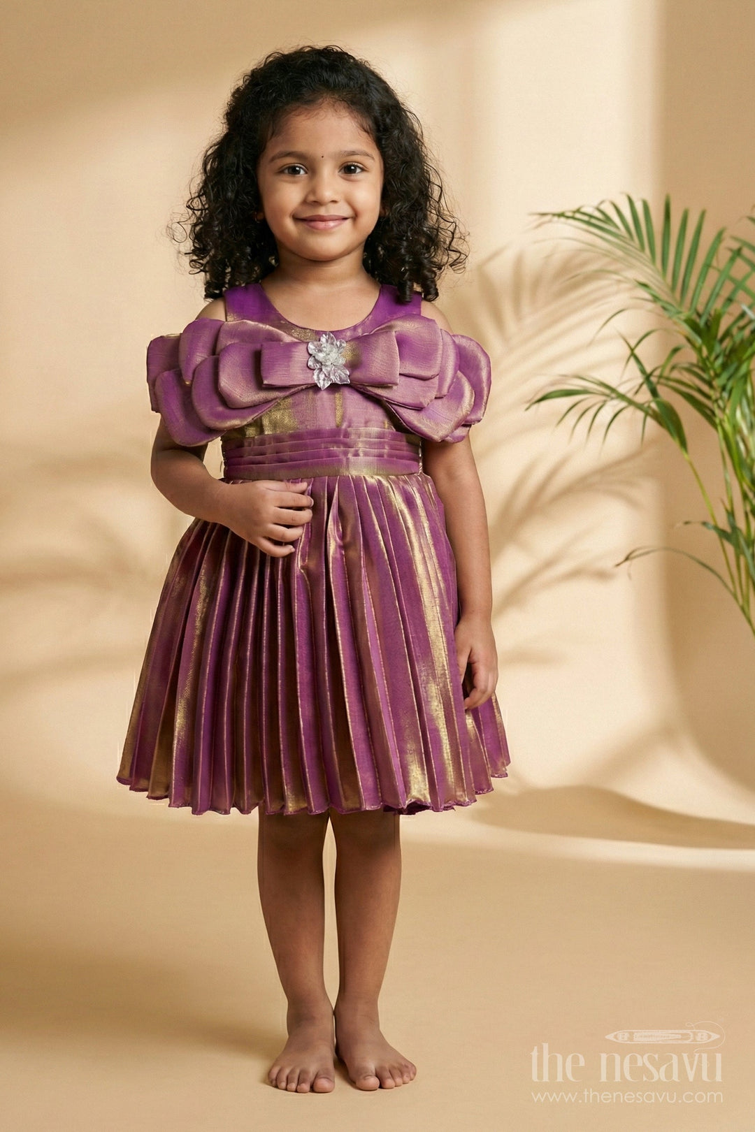 The Nesavu Girls Fancy Party Frock Girls Satin Organza Pleated Party Frock with Bow Elegant Occasion Wear Nesavu Nesavu satin organza pleated frock bow girls party wear dress