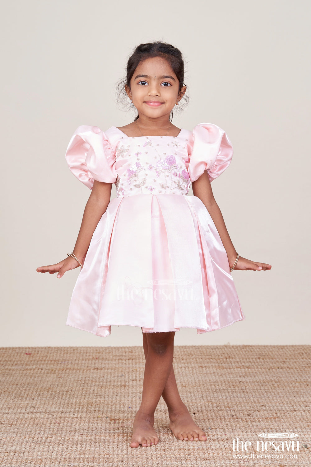 The Nesavu Girls Fancy Party Frock Girls Satin Party Frock with Puff Sleeves and Pleated Skirt Nesavu Nesavu satin party dress girls puff sleeves