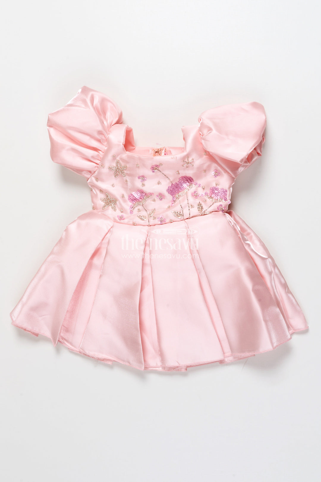 The Nesavu Girls Fancy Party Frock Girls Satin Party Frock with Puff Sleeves and Pleated Skirt Nesavu Nesavu satin party dress girls puff sleeves