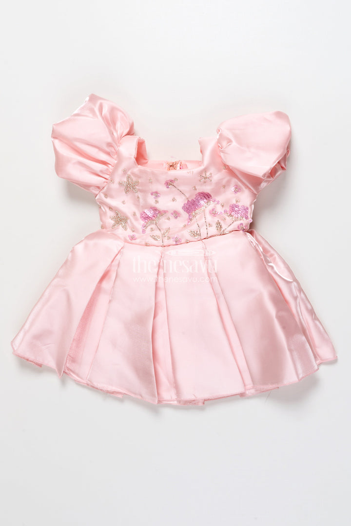 The Nesavu Girls Fancy Party Frock Girls Satin Party Frock with Puff Sleeves and Pleated Skirt Nesavu Nesavu satin party dress girls puff sleeves