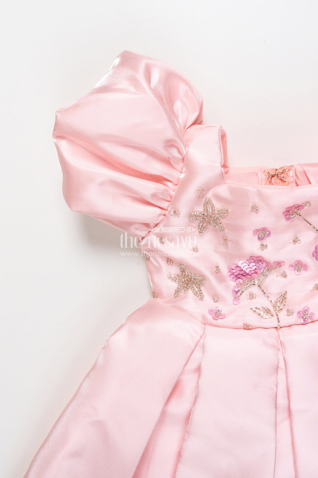 The Nesavu Girls Fancy Party Frock Girls Satin Party Frock with Puff Sleeves and Pleated Skirt Nesavu Nesavu satin party dress girls puff sleeves