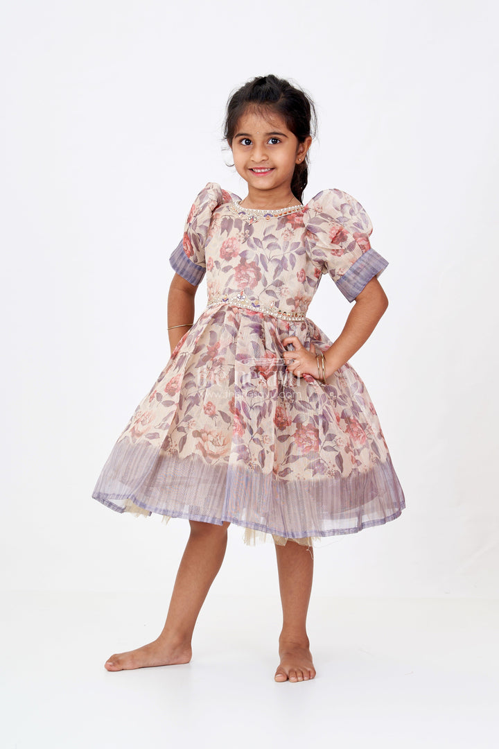 The Nesavu Silk Frock Girls Satin Silk Frock in Floral Gold Tissue with Puff Sleeves and Ombre Shaded Hemline Nesavu 16 (1Y) / Purple SF978B-16 Nesavu Satin Silk Frock Girls Gold Tissue Fabric Floral Print Ombre Border Detail