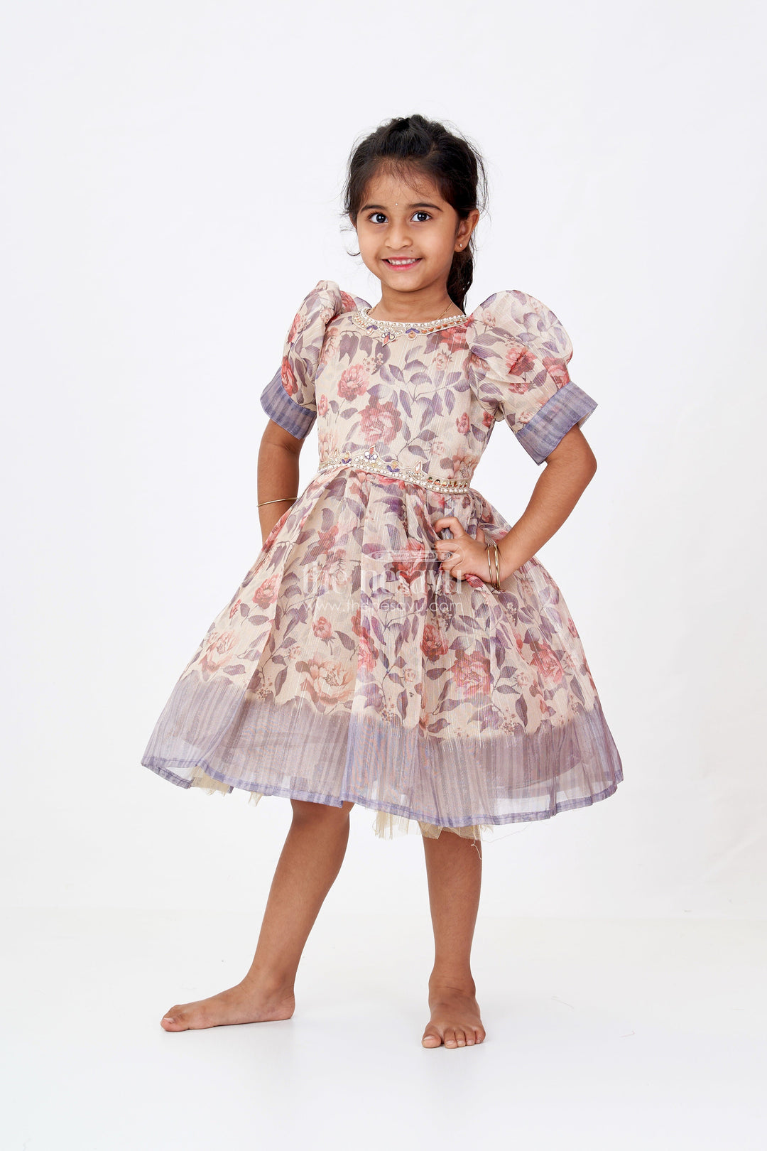 The Nesavu Silk Frock Girls Satin Silk Frock in Floral Gold Tissue with Puff Sleeves and Ombre Shaded Hemline Nesavu 16 (1Y) / Purple SF978B-16 Nesavu Satin Silk Frock Girls Gold Tissue Fabric Floral Print Ombre Border Detail