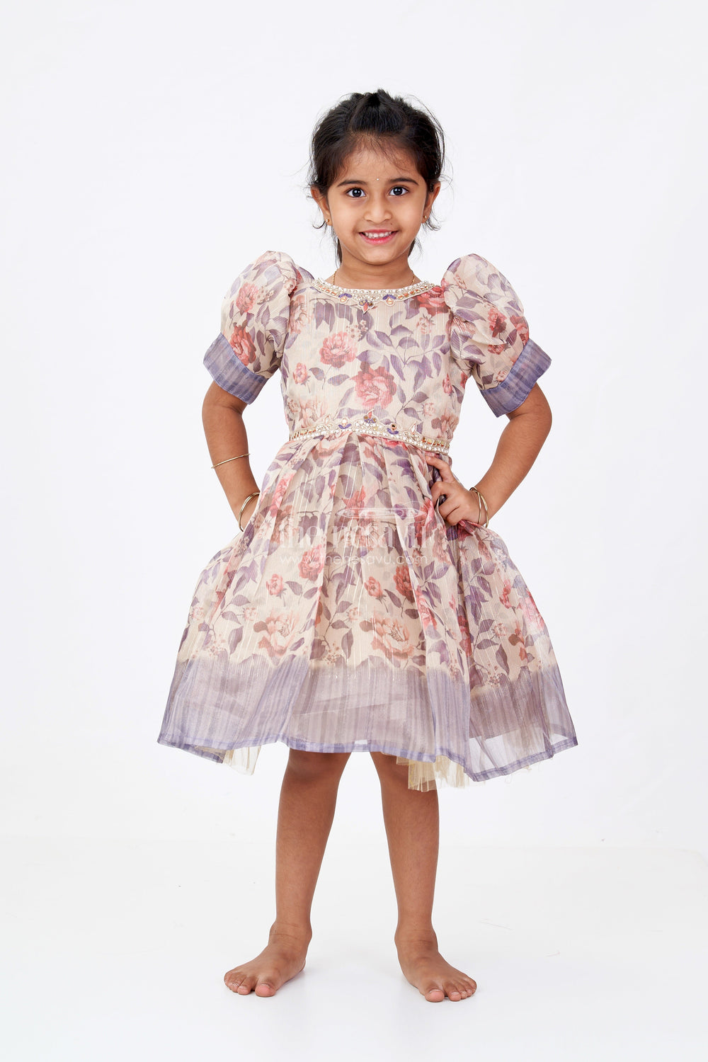 The Nesavu Silk Frock Girls Satin Silk Frock in Floral Gold Tissue with Puff Sleeves and Ombre Shaded Hemline Nesavu Nesavu Satin Silk Frock Girls Gold Tissue Fabric Floral Print Ombre Border Detail