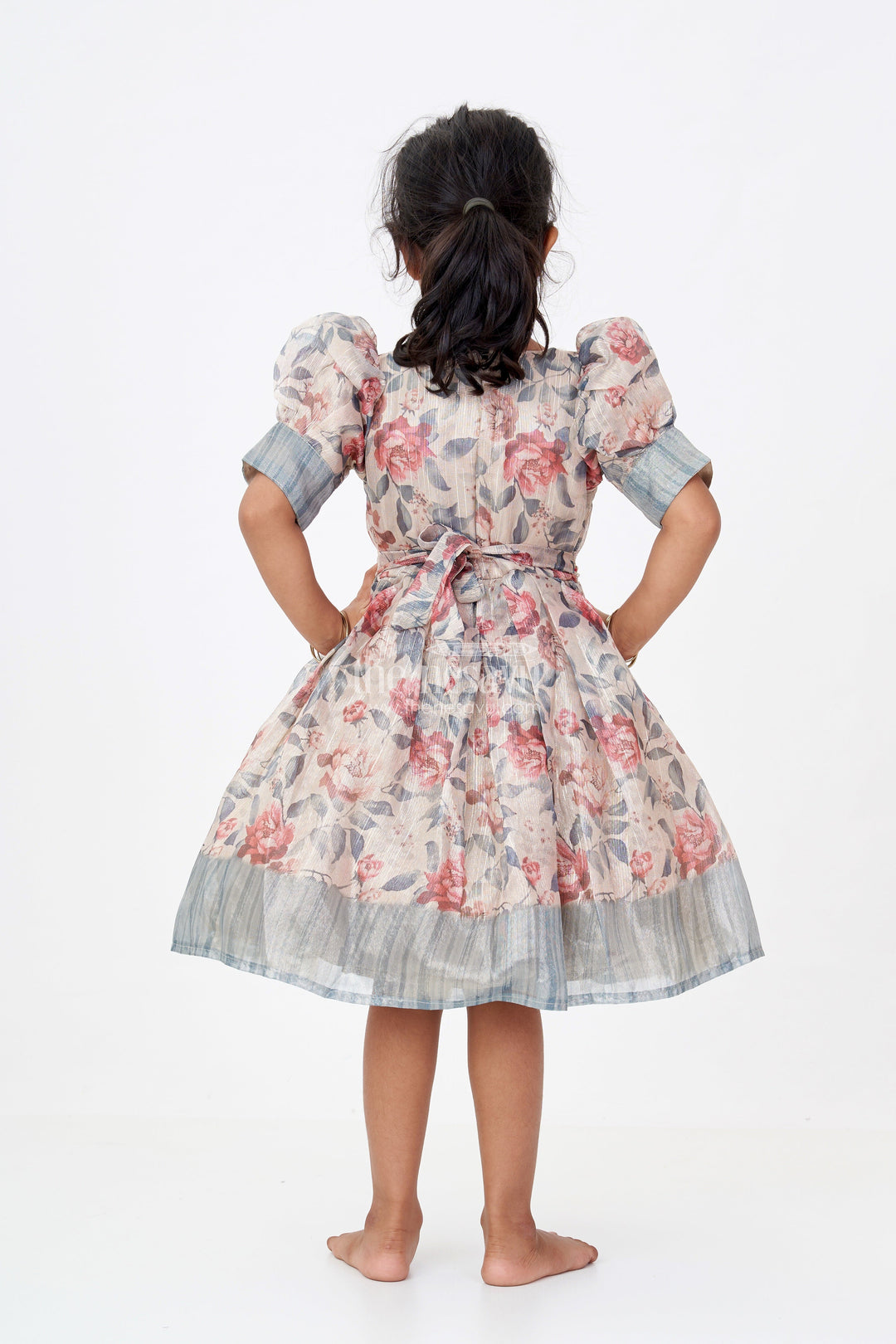 The Nesavu Silk Frock Girls Satin Silk Frock in Floral Gold Tissue with Puff Sleeves and Ombre Shaded Hemline Nesavu Nesavu Satin Silk Frock Girls Gold Tissue Fabric Floral Print Ombre Border Detail