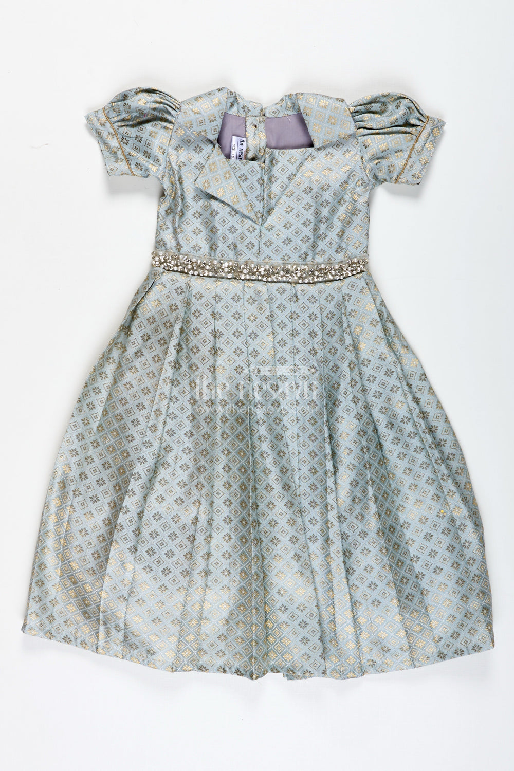 The Nesavu Girls Silk Gown Girls Semi Banaras Silk Gown with Collar Ethnic Grey and Gold Party Wear Nesavu 18 (2Y) / Gray GA343A-18 Nesavu Semi Banaras Silk Gown Girls Grey Ethnic Party Wear Dress Collar Puff Sleeves