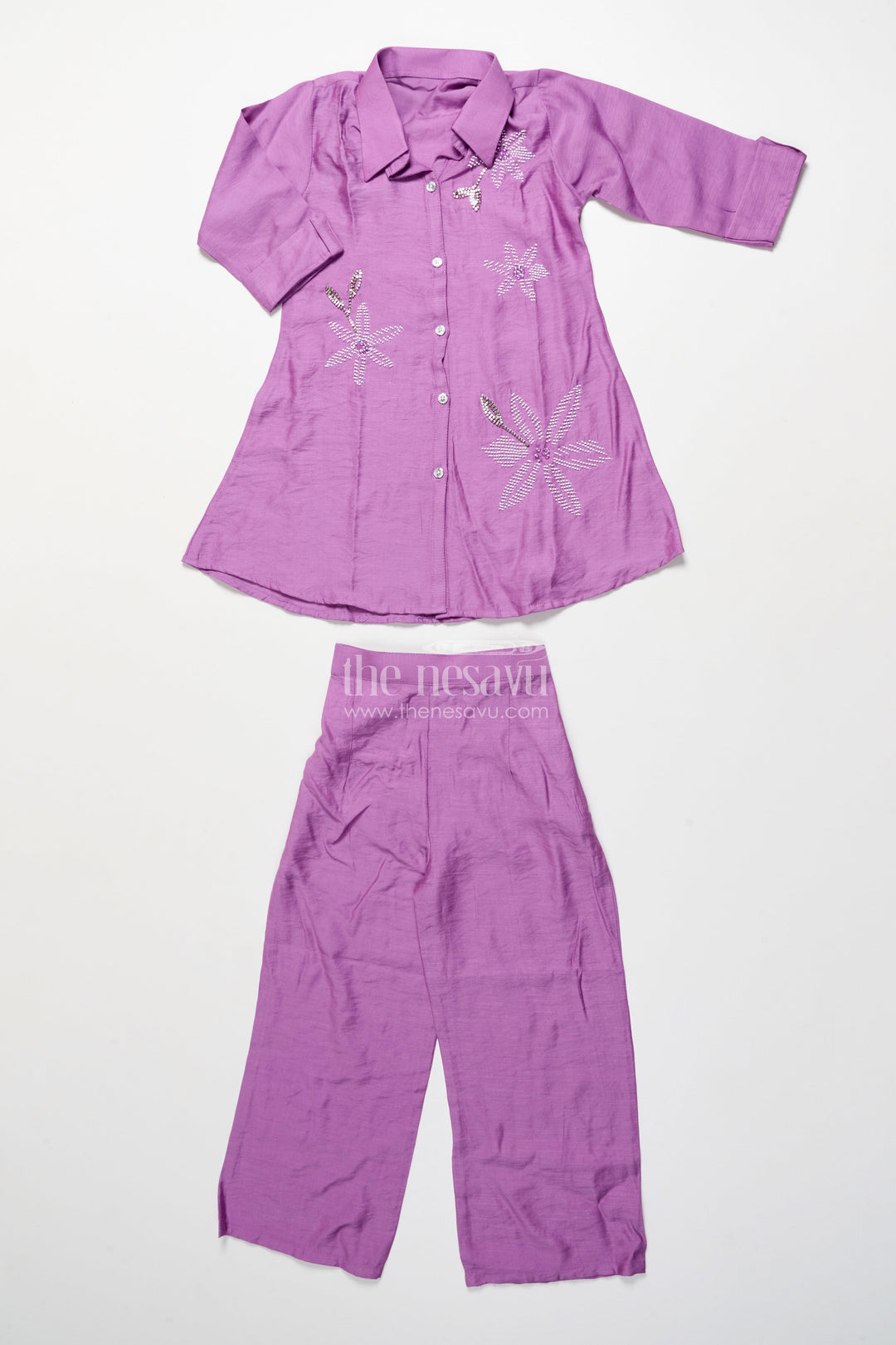 The Nesavu Girls Casual Set Girls Semi-Formal Ethnic Set with Collared Top and Sequin Floral Motifs Nesavu 24 (5Y) / Purple GPS873A-24 Nesavu girls ethnic casual set floral bead embroidery collared tunic
