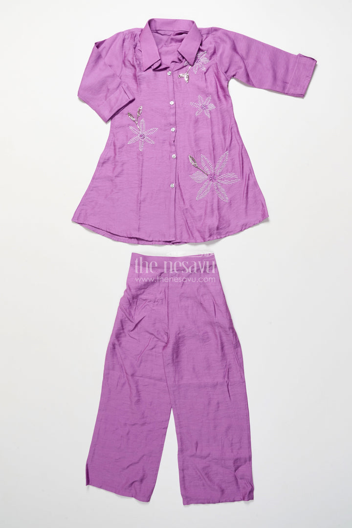 The Nesavu Girls Casual Set Girls Semi-Formal Ethnic Set with Collared Top and Sequin Floral Motifs Nesavu 24 (5Y) / Purple GPS873A-24 Nesavu girls ethnic casual set floral bead embroidery collared tunic