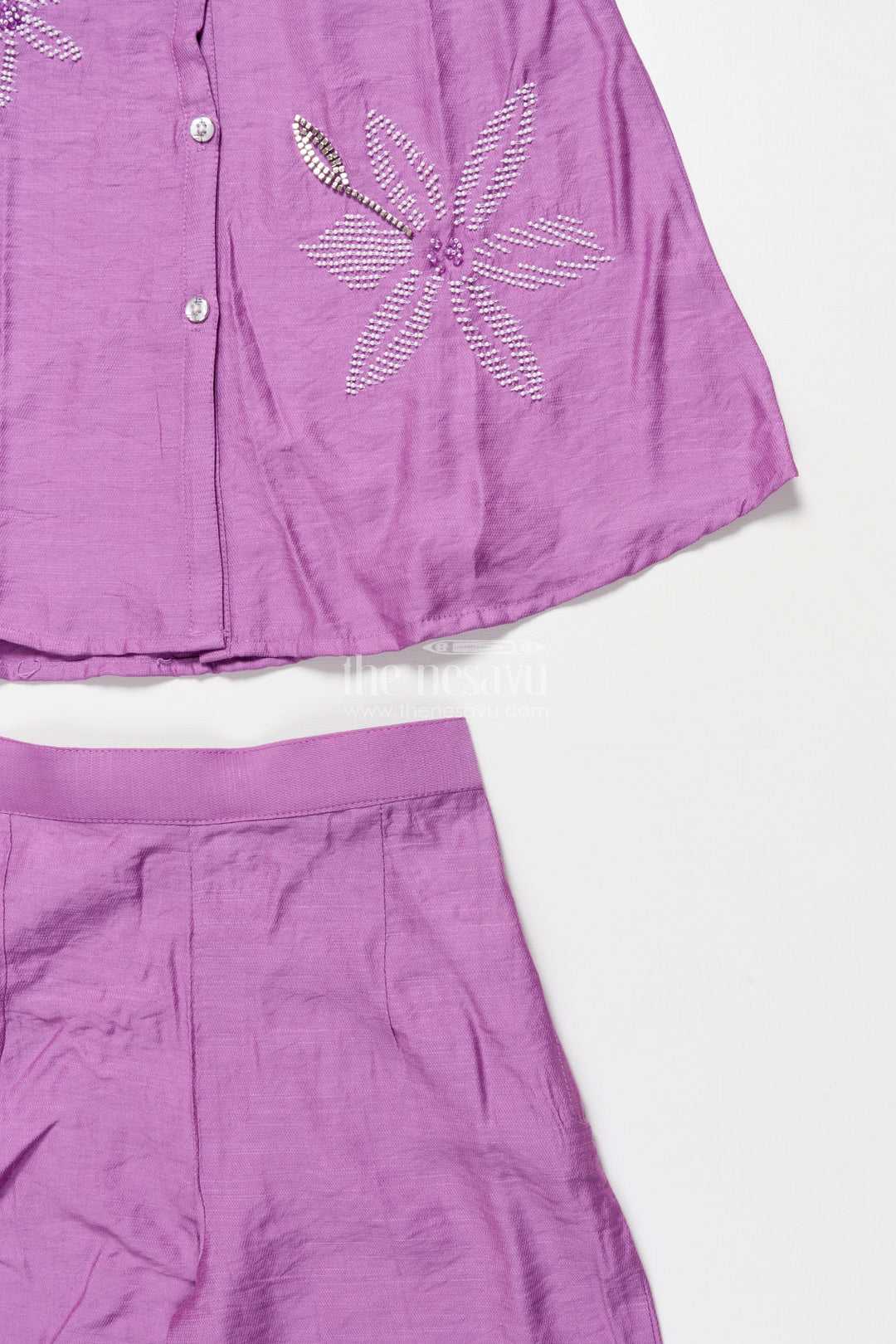 The Nesavu Girls Casual Set Girls Semi-Formal Ethnic Set with Collared Top and Sequin Floral Motifs Nesavu Nesavu girls ethnic casual set floral bead embroidery collared tunic