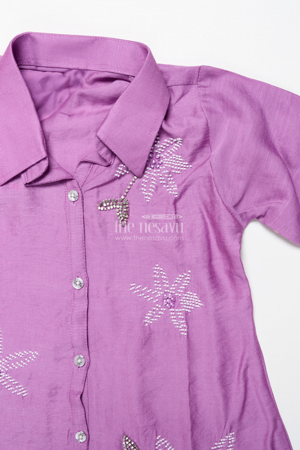 The Nesavu Girls Casual Set Girls Semi-Formal Ethnic Set with Collared Top and Sequin Floral Motifs Nesavu Nesavu girls ethnic casual set floral bead embroidery collared tunic