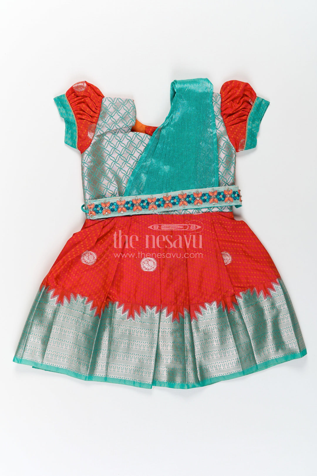 The Nesavu Girls Kanchi Silk Frock Girls Semi Kanchivaram dark red silk dress with Embroidered Lace and Dupatta in Traditional South Style Nesavu 16 (1Y) / Red / Style 1 SF854AA-16 Nesavu Girls Semi Kanchivaram dark red silk dress with Thread Embroidery and Lace Dupatta in Ethnic Design