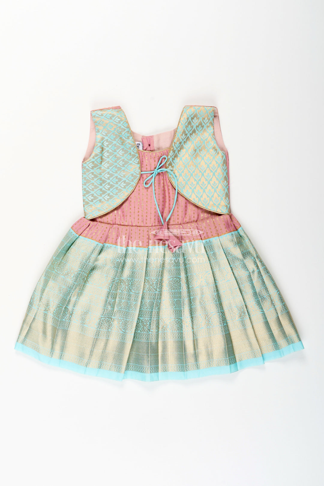 The Nesavu Girls Kanchi Silk Frock Girls semi Kanchivaram silk frock in maroon with jacket Nesavu 14 (6M) / Peach / Style 1 SF1005CA-14 Nesavu girls maroon semi Kanchivaram silk frock with mint green brocade jacket