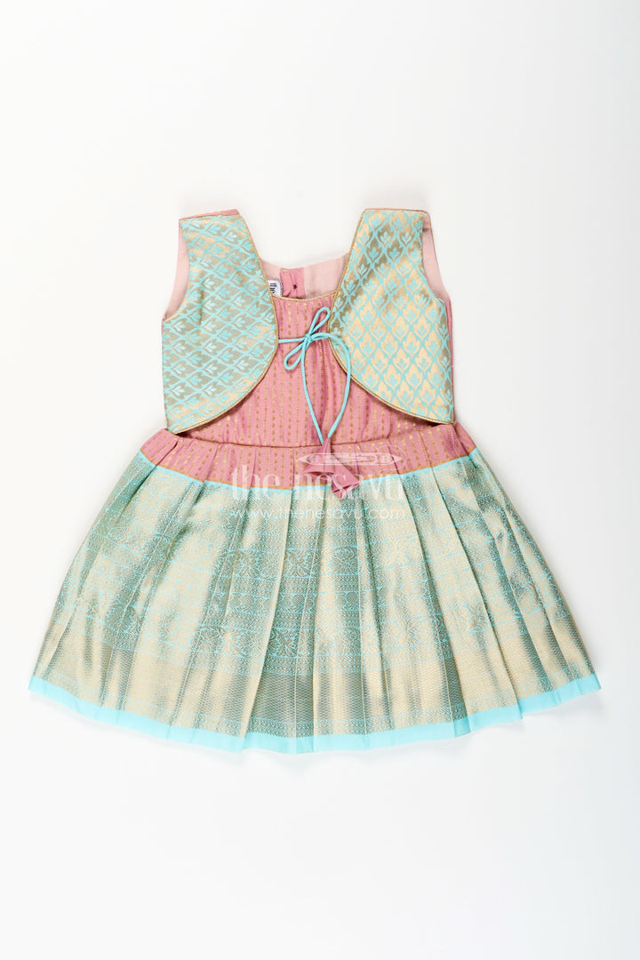 The Nesavu Girls Kanchi Silk Frock Girls semi Kanchivaram silk frock in maroon with jacket Nesavu 14 (6M) / Peach / Style 1 SF1005CA-14 Nesavu girls maroon semi Kanchivaram silk frock with mint green brocade jacket